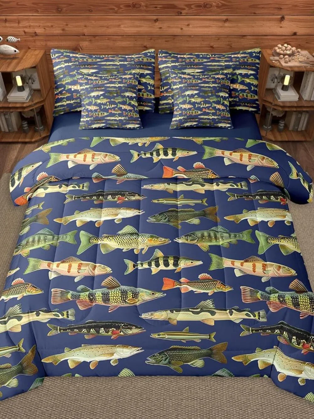 Bass Fish 7 Pieces Comforter Set with Sheets Full Size Fishing and Hunting Beddi